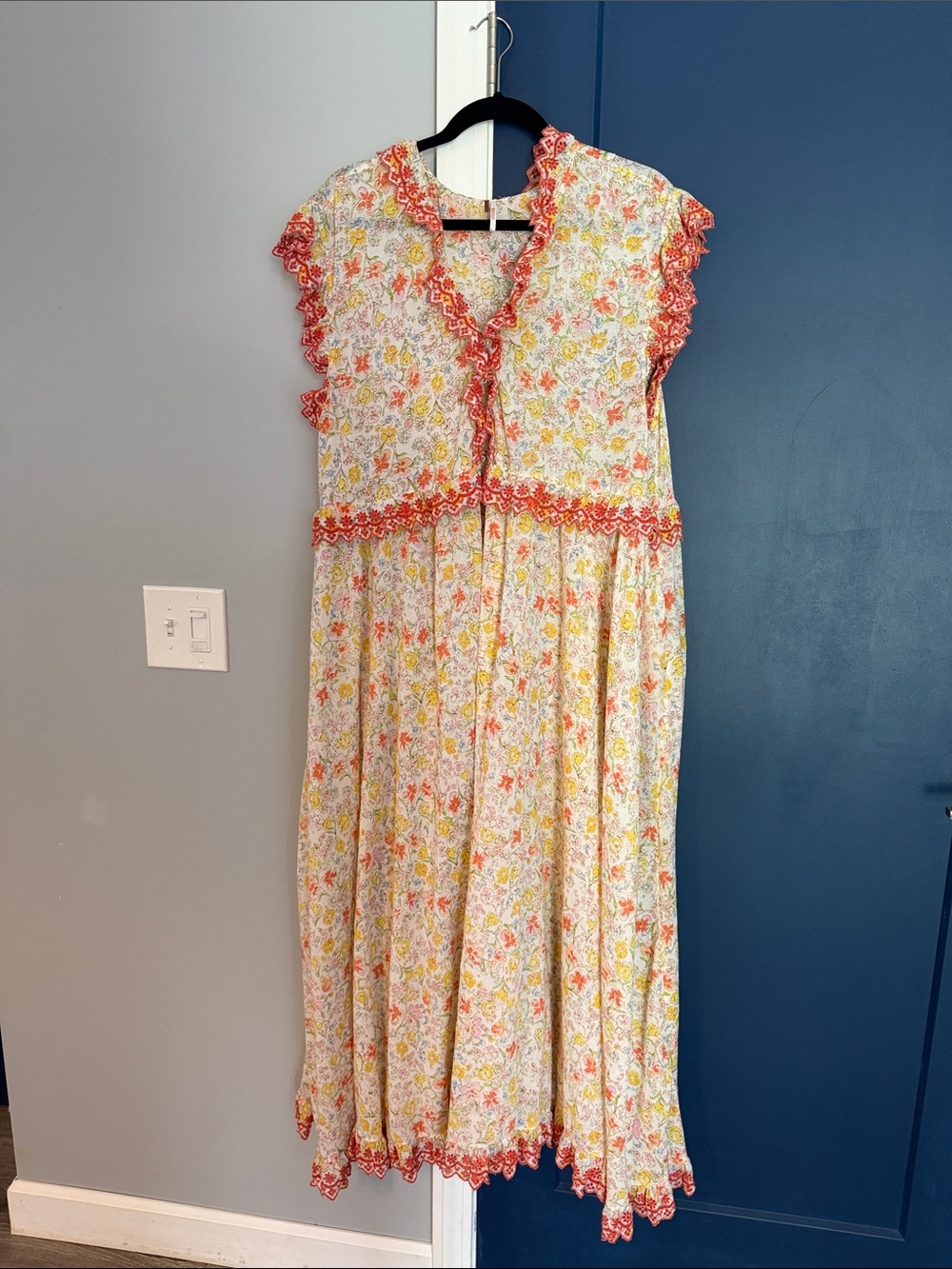 Free People Milania Maxi Dress duster with Coral Trim and Yellow Floral Print